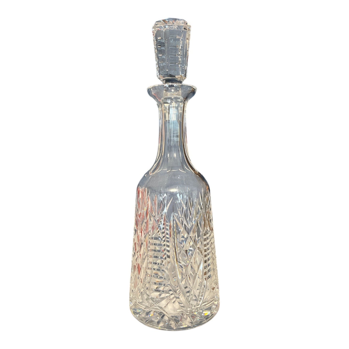 Signed Waterford Crystal Decanter – Starburst & Crosshatch Cut – Vintage Irish Crystal Barware – 12.5” with Stopper – 4” Base