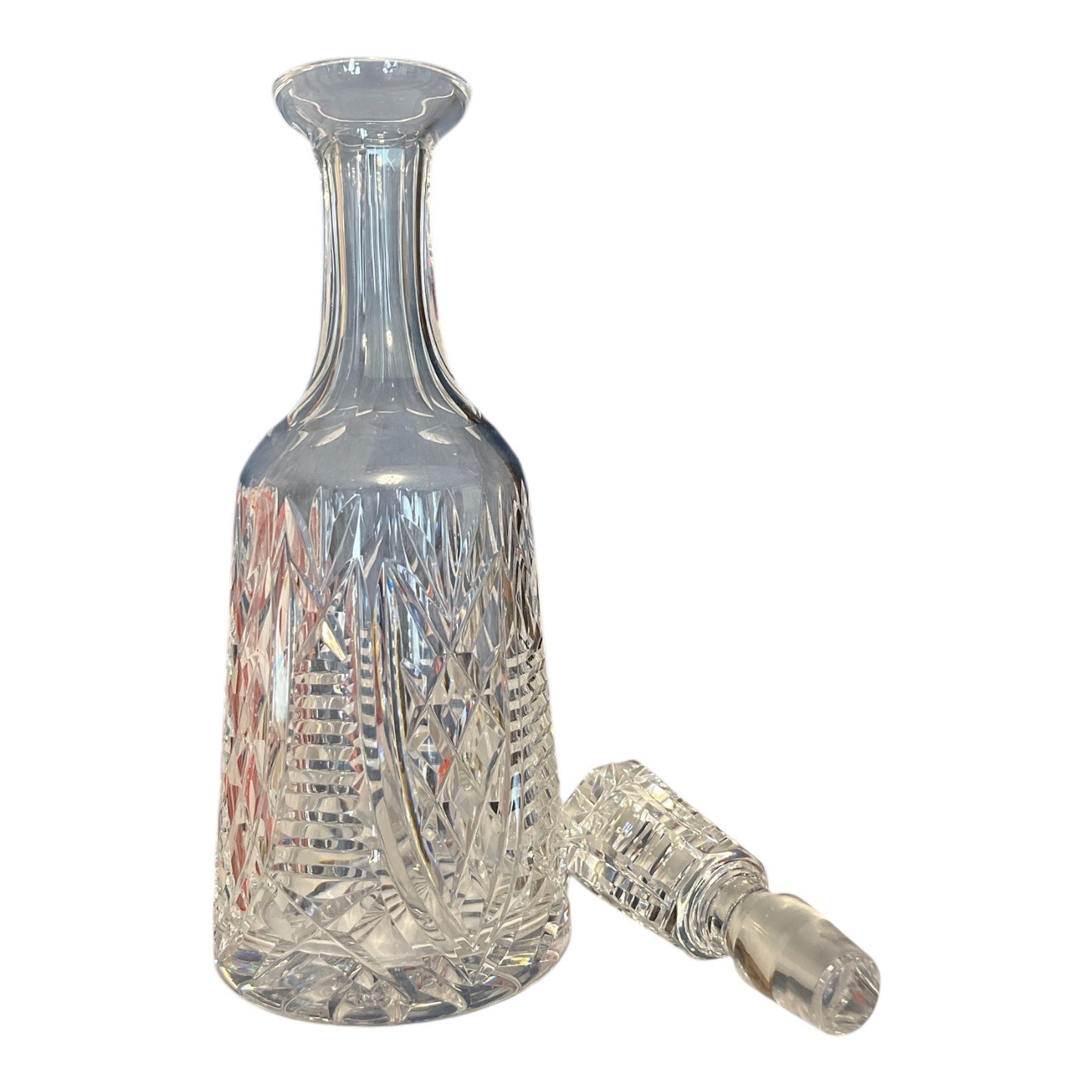 Signed Waterford Crystal Decanter – Starburst & Crosshatch Cut – Vintage Irish Crystal Barware – 12.5” with Stopper – 4” Base