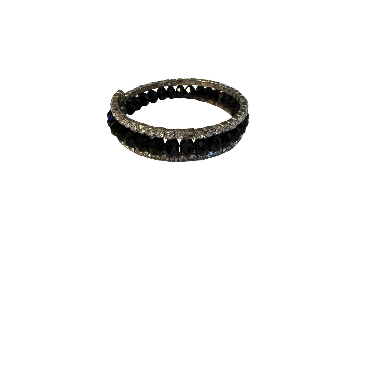 Vintage Black Faceted Bead & Clear Rhinestone Wrap Coil Bracelet Silver Tone