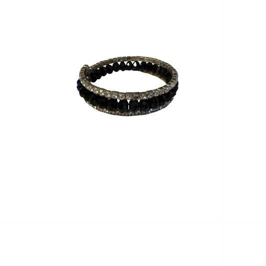 Vintage Black Faceted Bead & Clear Rhinestone Wrap Coil Bracelet Silver Tone
