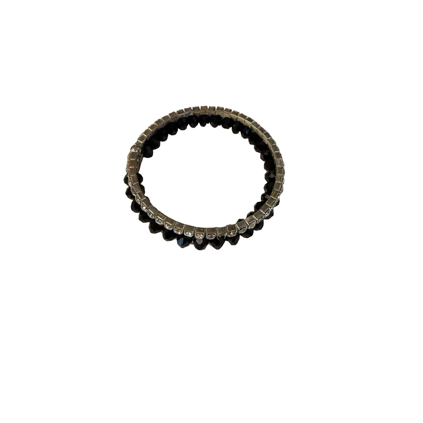 Vintage Black Faceted Bead & Clear Rhinestone Wrap Coil Bracelet Silver Tone