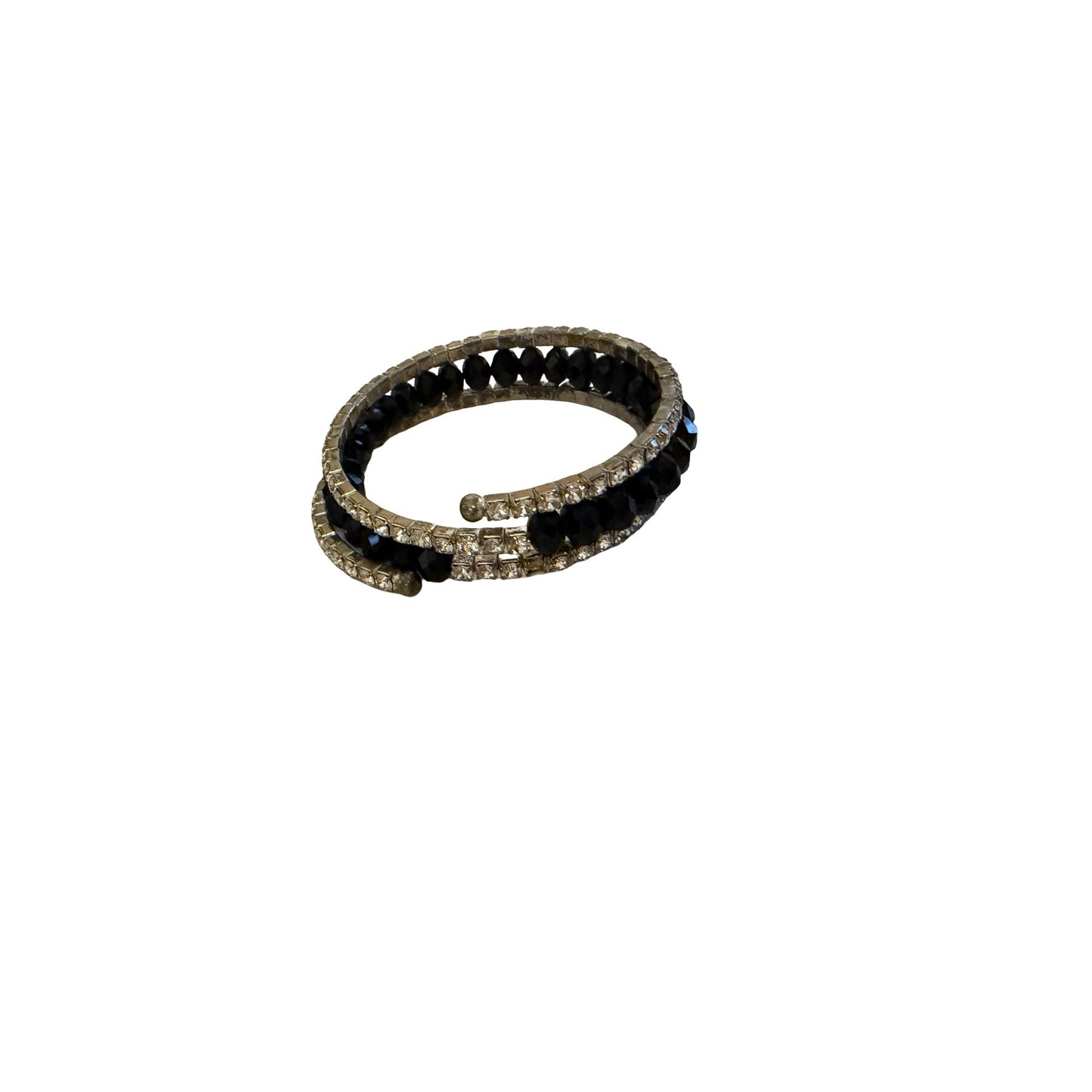 Vintage Black Faceted Bead & Clear Rhinestone Wrap Coil Bracelet Silver Tone
