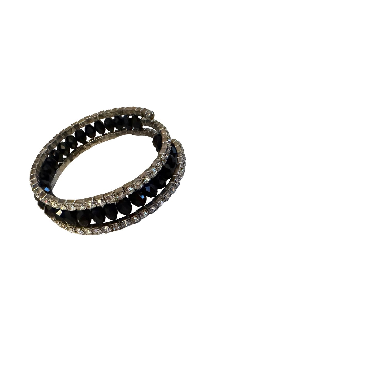 Vintage Black Faceted Bead & Clear Rhinestone Wrap Coil Bracelet Silver Tone
