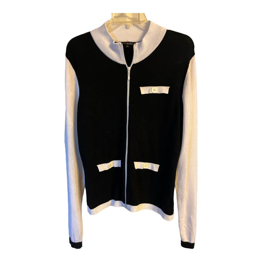 Vtg Pierri New York Women’s Zip Front Sweater – Black & White Colorblock – Size XL