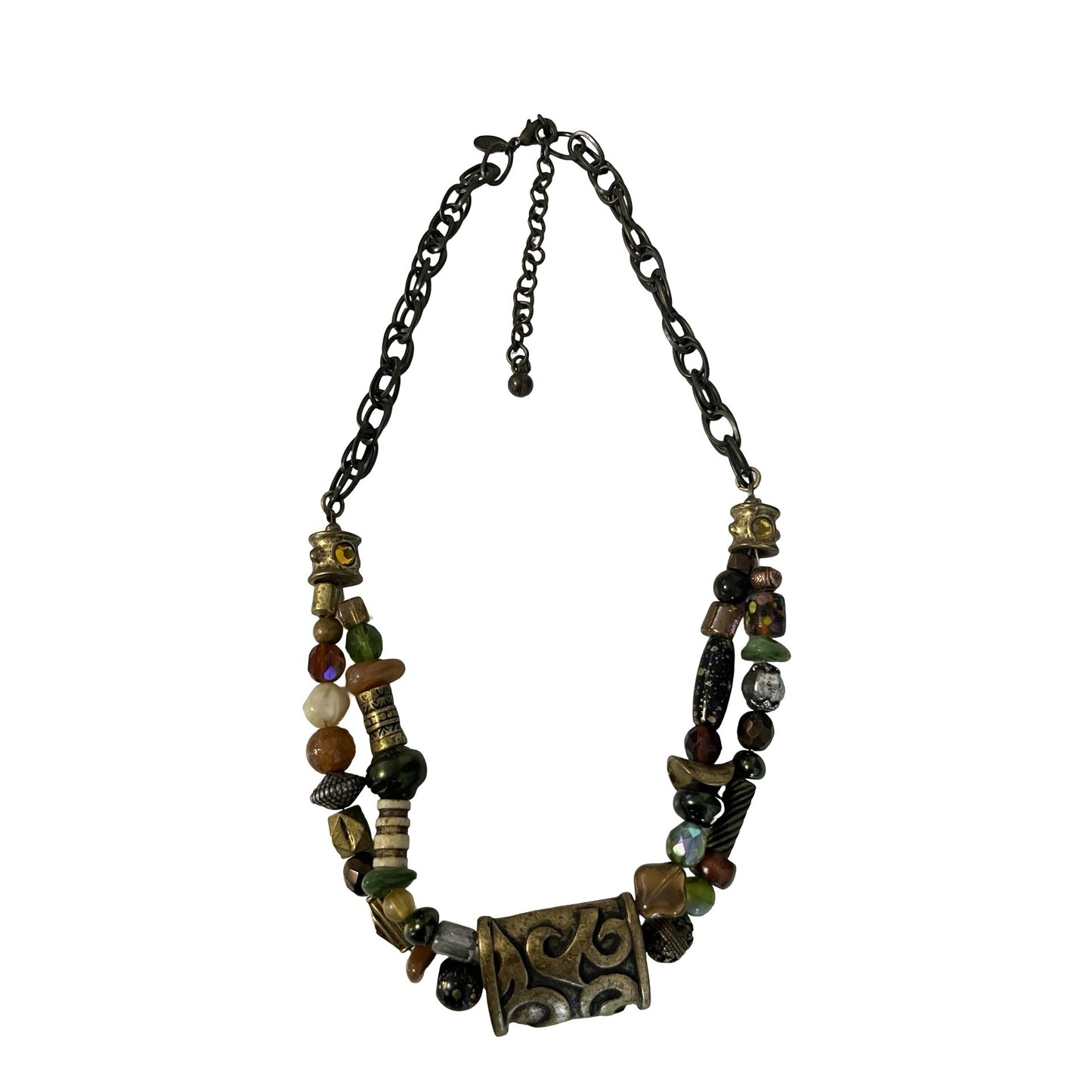 Chico’s Chunky Beaded Statement Necklace Mixed Materials Boho Earth Tone 16”