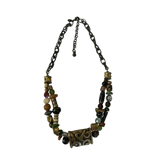 Chico’s Chunky Beaded Statement Necklace Mixed Materials Boho Earth Tone 16”