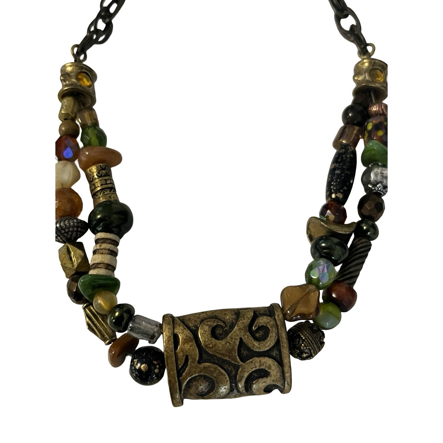 Chico’s Chunky Beaded Statement Necklace Mixed Materials Boho Earth Tone 16”