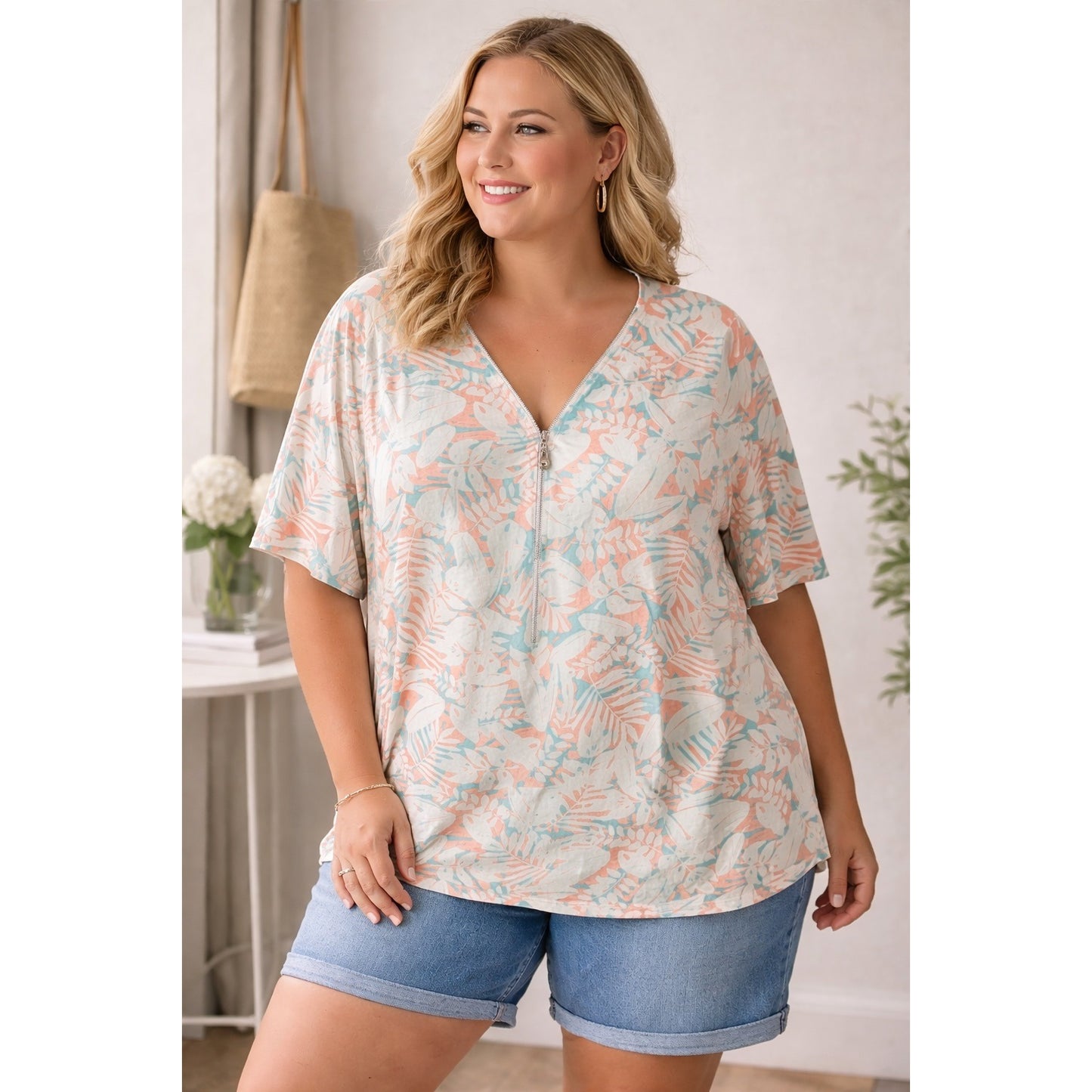 Kim Gravel Belle Tropical Zip Front Top Women’s 1X