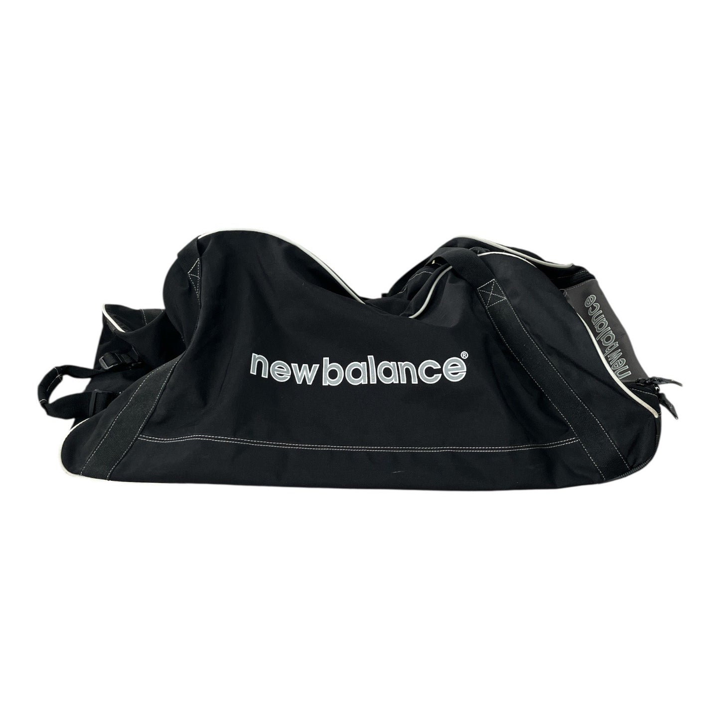 New Balance 30" Rolling Duffel Bag – Black with White Trim, 3 Mesh Pockets, Side Zippers
