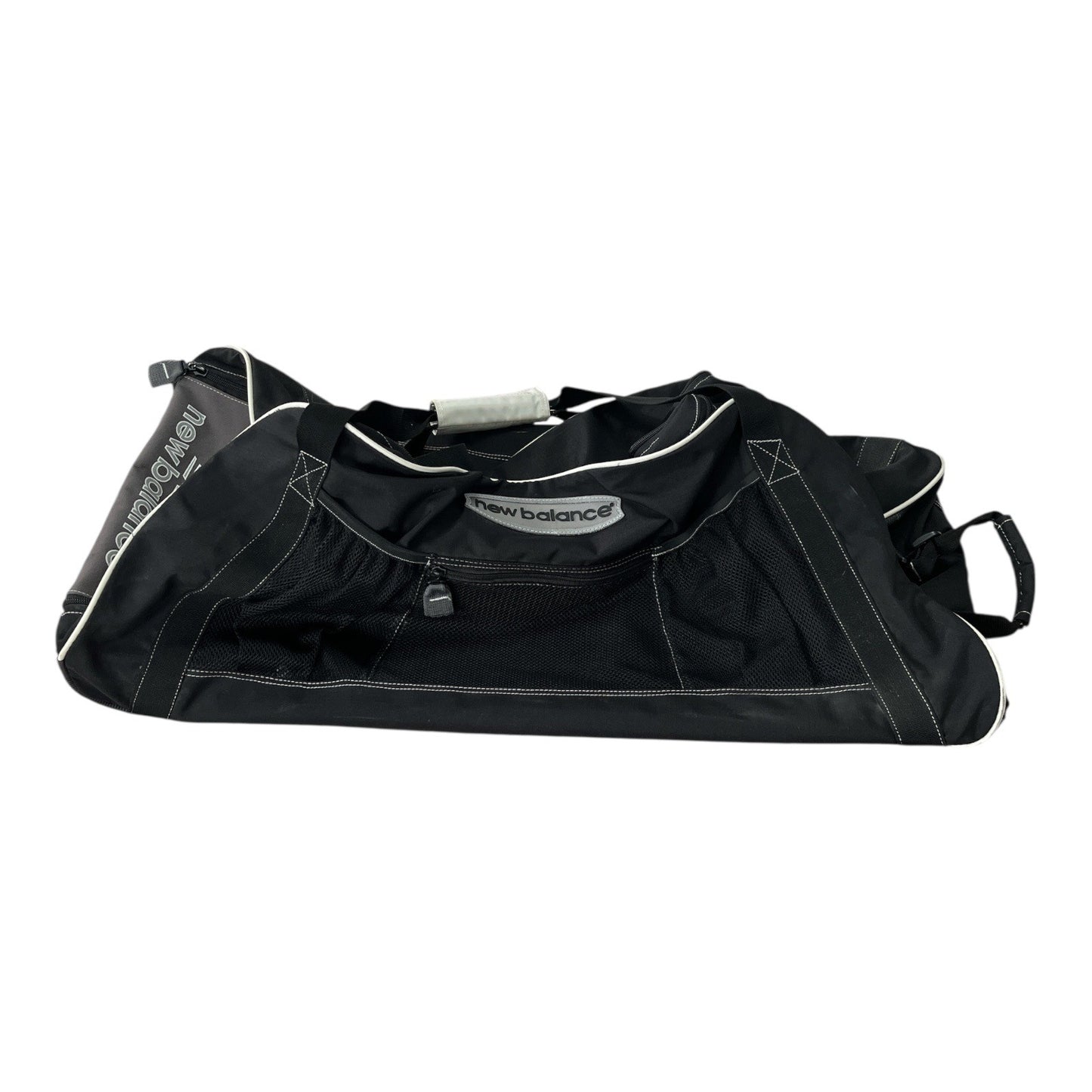 New Balance 30" Rolling Duffel Bag – Black with White Trim, 3 Mesh Pockets, Side Zippers