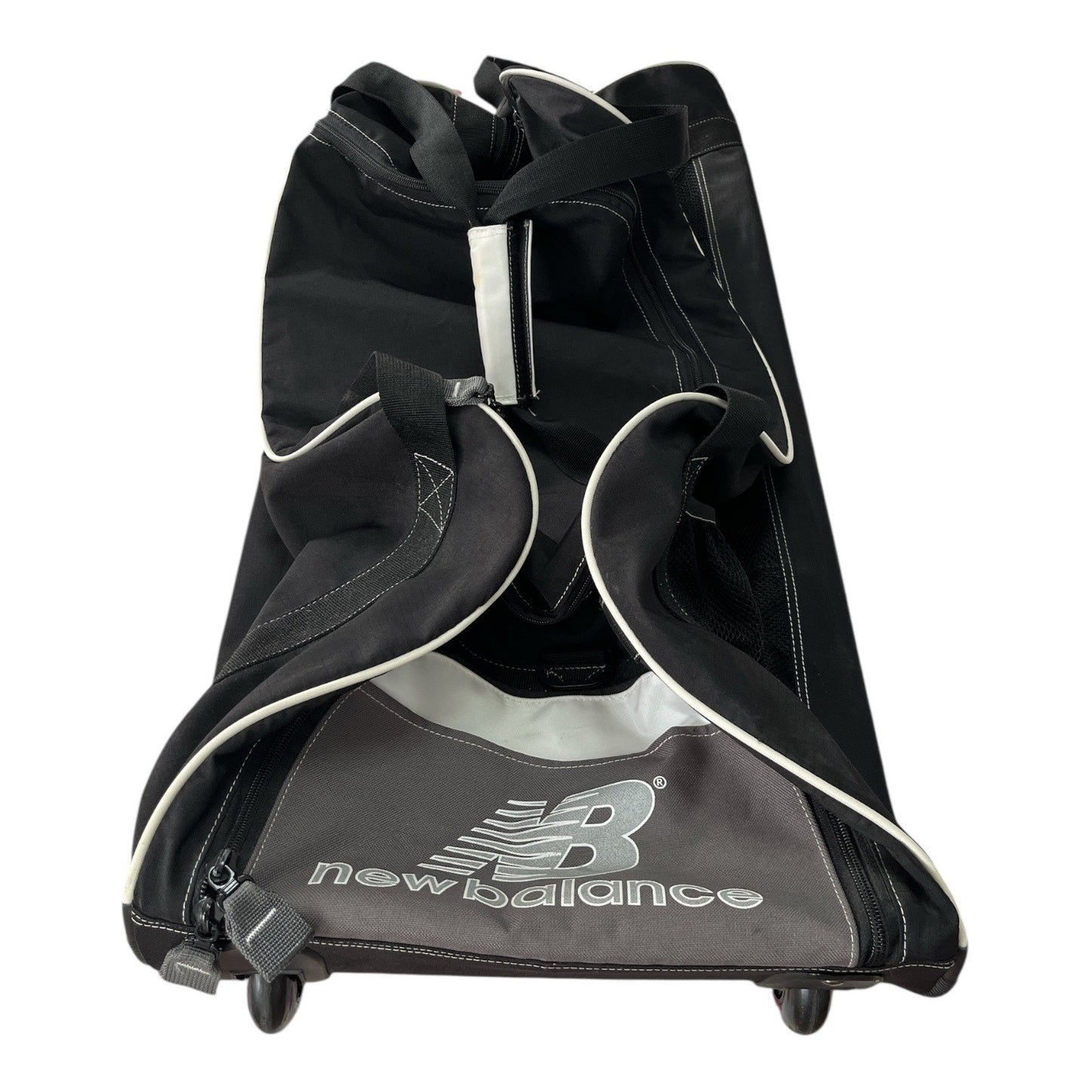 New Balance 30" Rolling Duffel Bag – Black with White Trim, 3 Mesh Pockets, Side Zippers