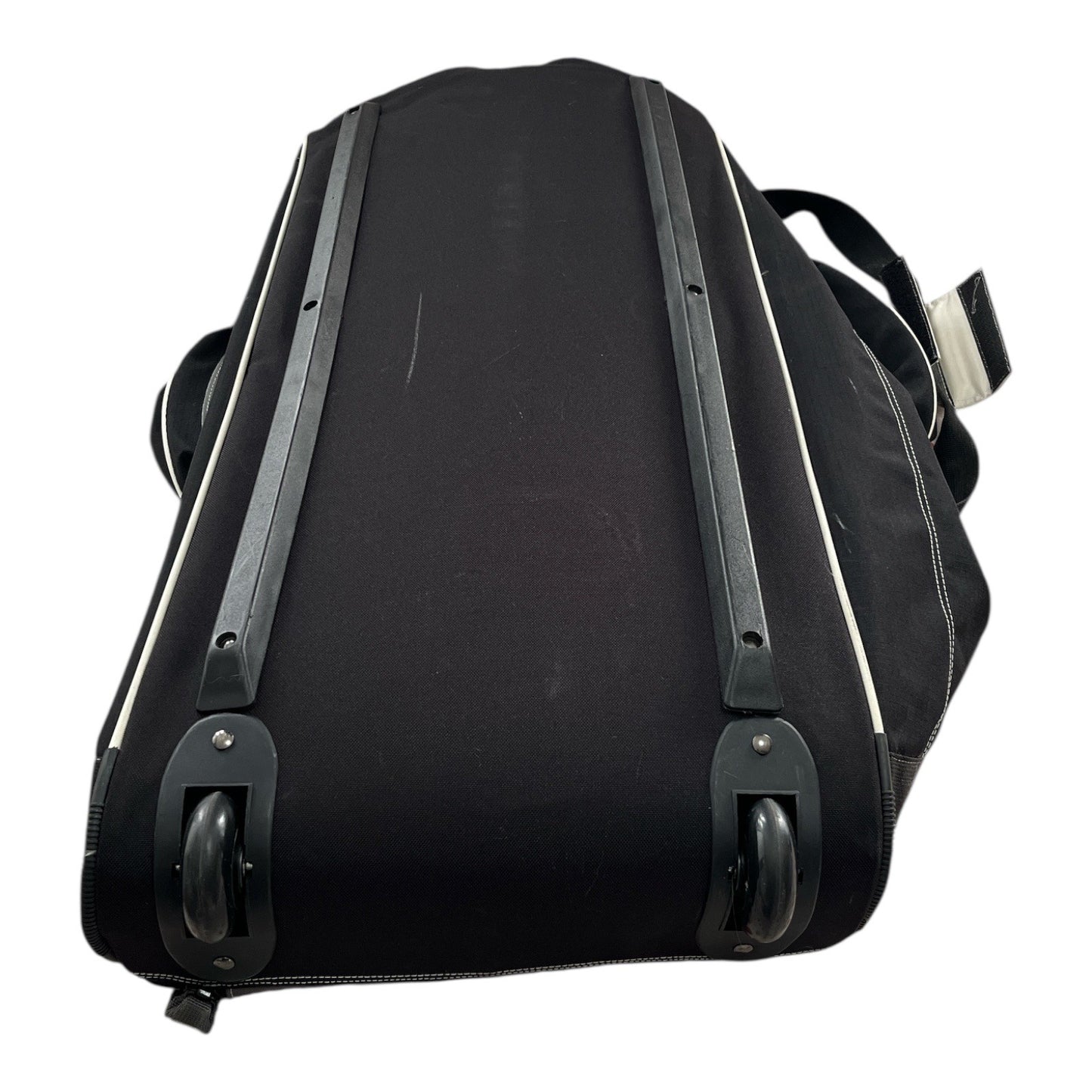 New Balance 30" Rolling Duffel Bag – Black with White Trim, 3 Mesh Pockets, Side Zippers