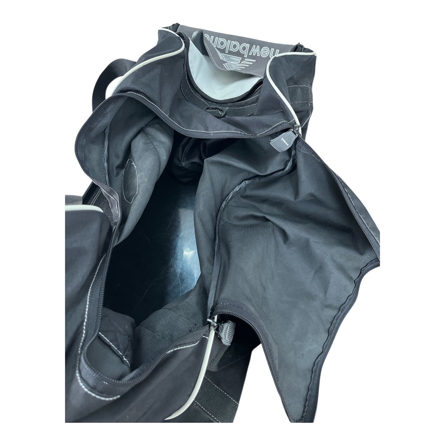 New Balance 30" Rolling Duffel Bag – Black with White Trim, 3 Mesh Pockets, Side Zippers