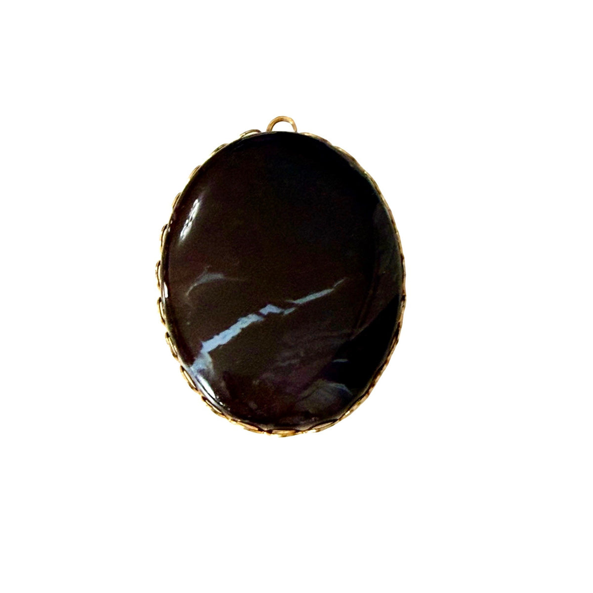 Vintage Black Marbled Oval Cabochon Pendant Gold Tone Scalloped Bezel 1.5 Inch