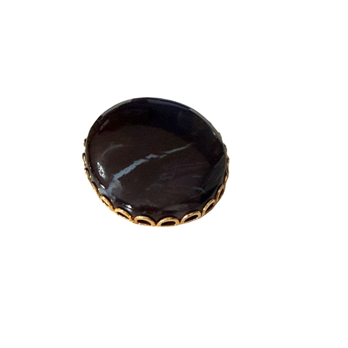 Vintage Black Marbled Oval Cabochon Pendant Gold Tone Scalloped Bezel 1.5 Inch