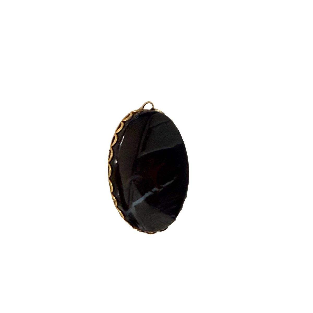 Vintage Black Marbled Oval Cabochon Pendant Gold Tone Scalloped Bezel 1.5 Inch