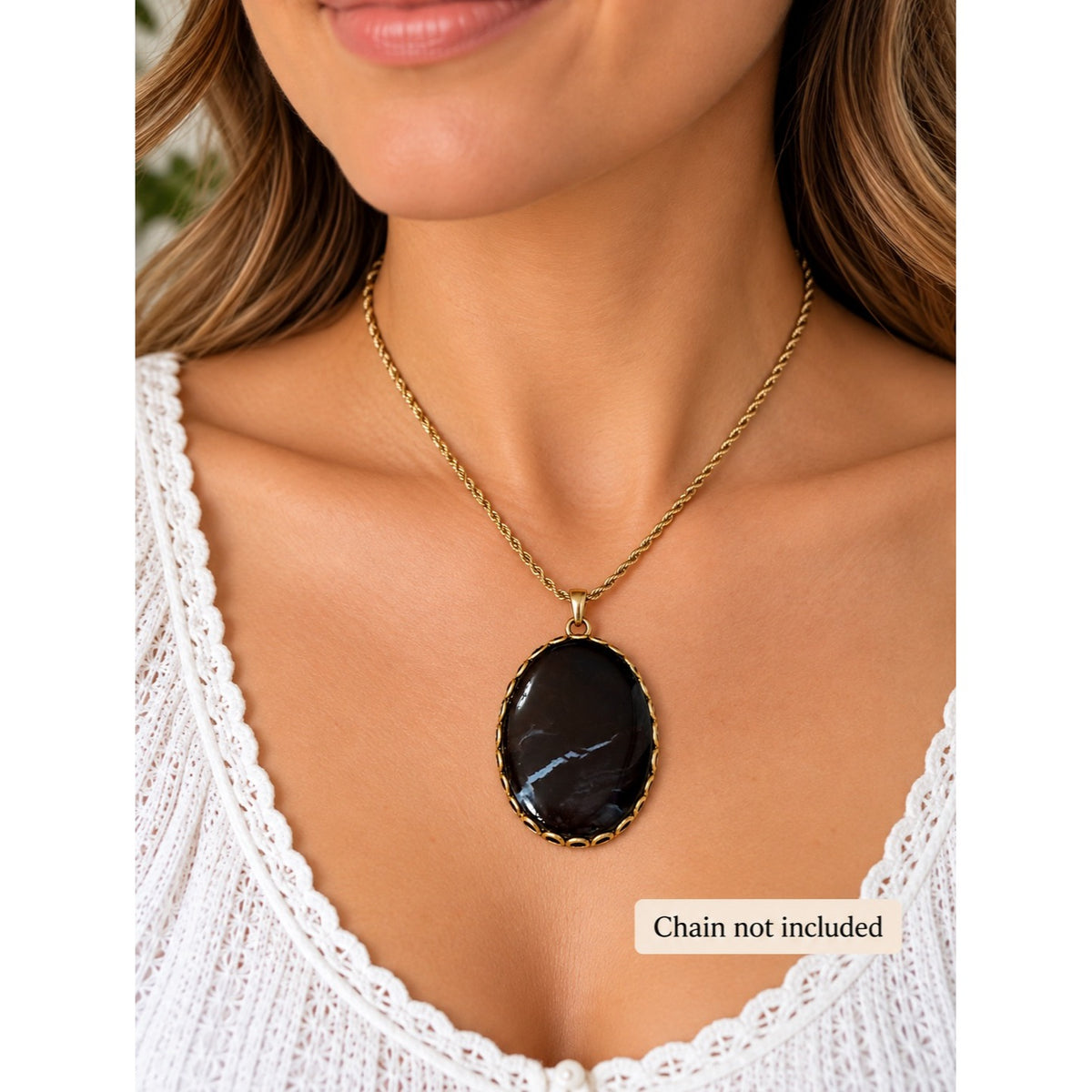 Vintage Black Marbled Oval Cabochon Pendant Gold Tone Scalloped Bezel 1.5 Inch