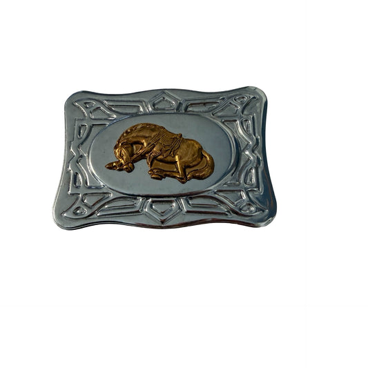Vintage Western Horse Belt Buckle Silver Tone Gold Horse Made in Hong Kong
