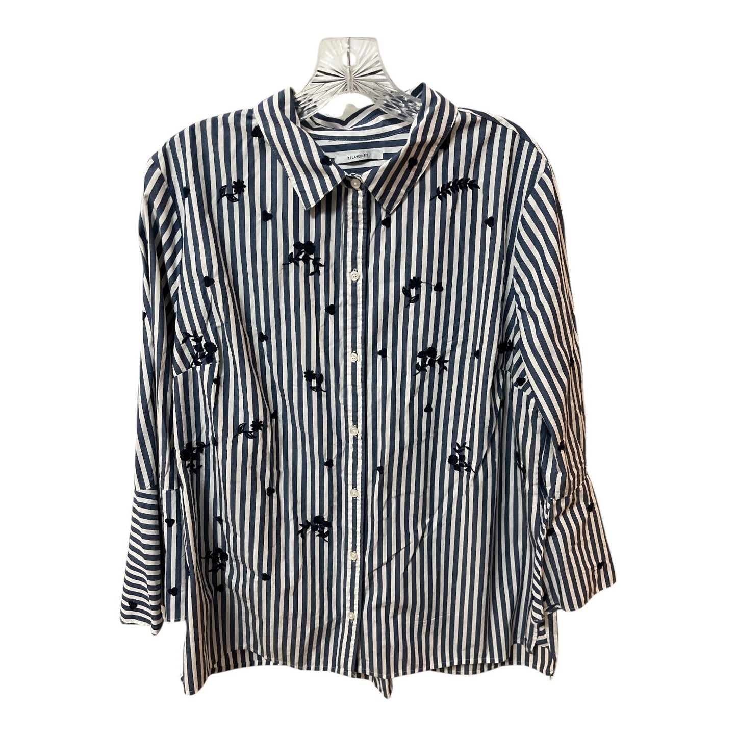 Charter Club Striped Embroidered Cotton Button Front Shirt Size 16 Relaxed Fit
