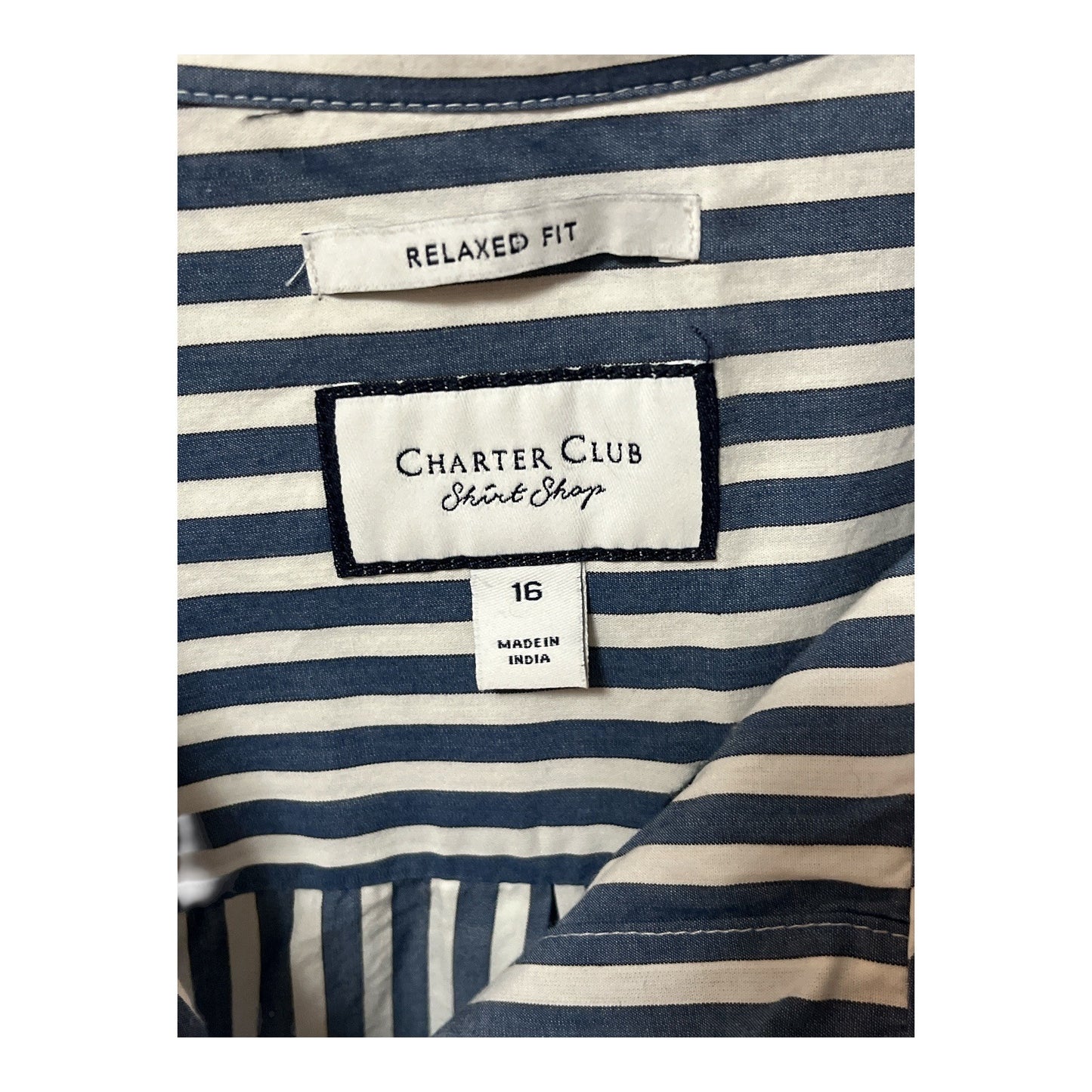 Charter Club Striped Embroidered Cotton Button Front Shirt Size 16 Relaxed Fit