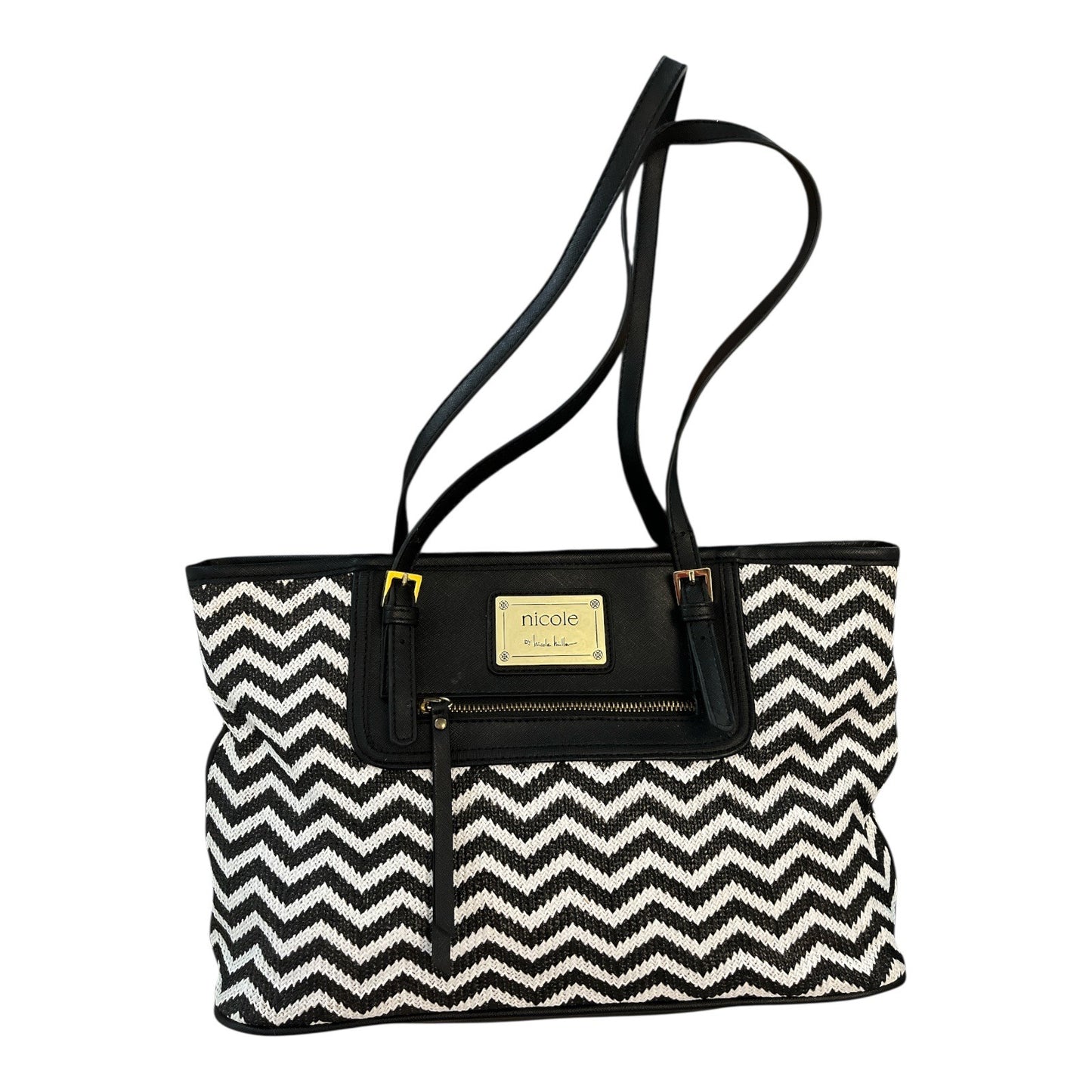 Nicole Miller Chevron Tote Bag | Black & White | Pink Lining | Gold Accents | 15x9x4" | 11" Drop | Mid-2010s
