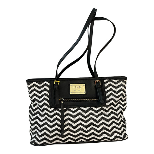 Nicole Miller Chevron Tote Bag | Black & White | Pink Lining | Gold Accents | 15x9x4" | 11" Drop | Mid-2010s