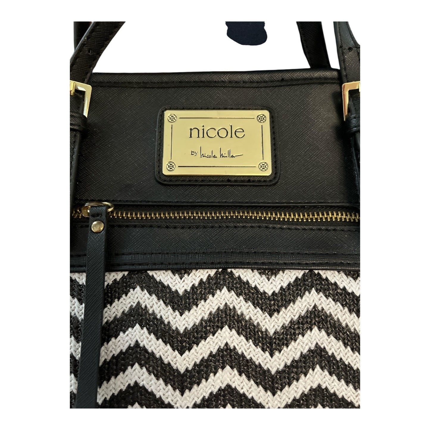 Nicole Miller Chevron Tote Bag | Black & White | Pink Lining | Gold Accents | 15x9x4" | 11" Drop | Mid-2010s