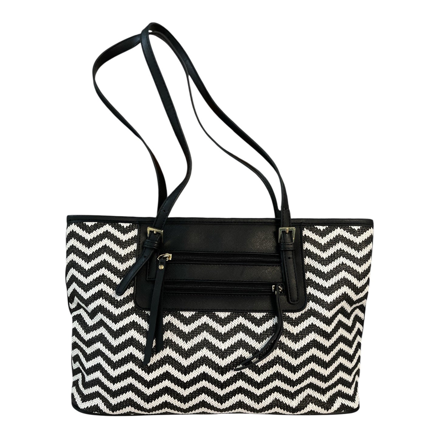 Nicole Miller Chevron Tote Bag | Black & White | Pink Lining | Gold Accents | 15x9x4" | 11" Drop | Mid-2010s