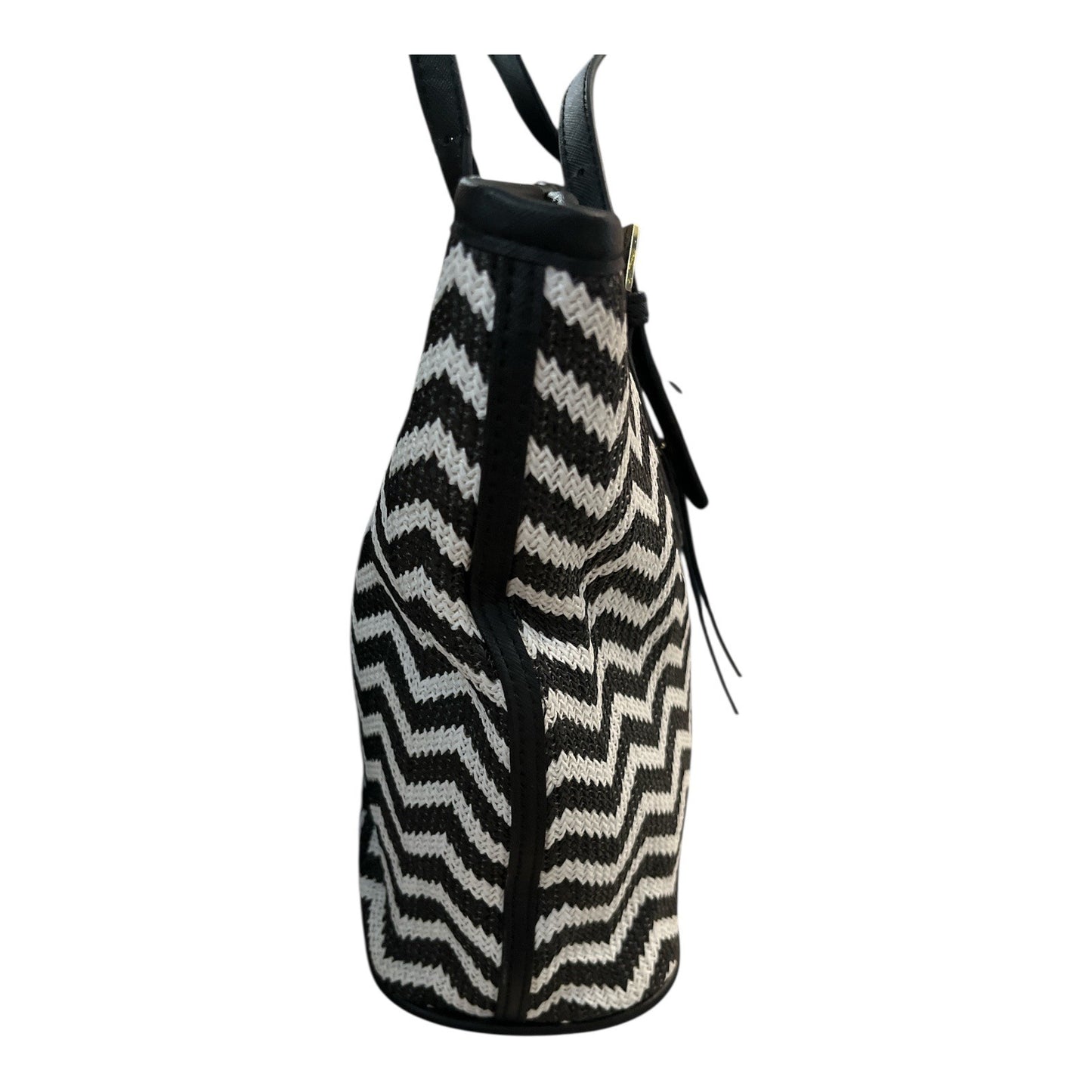 Nicole Miller Chevron Tote Bag | Black & White | Pink Lining | Gold Accents | 15x9x4" | 11" Drop | Mid-2010s