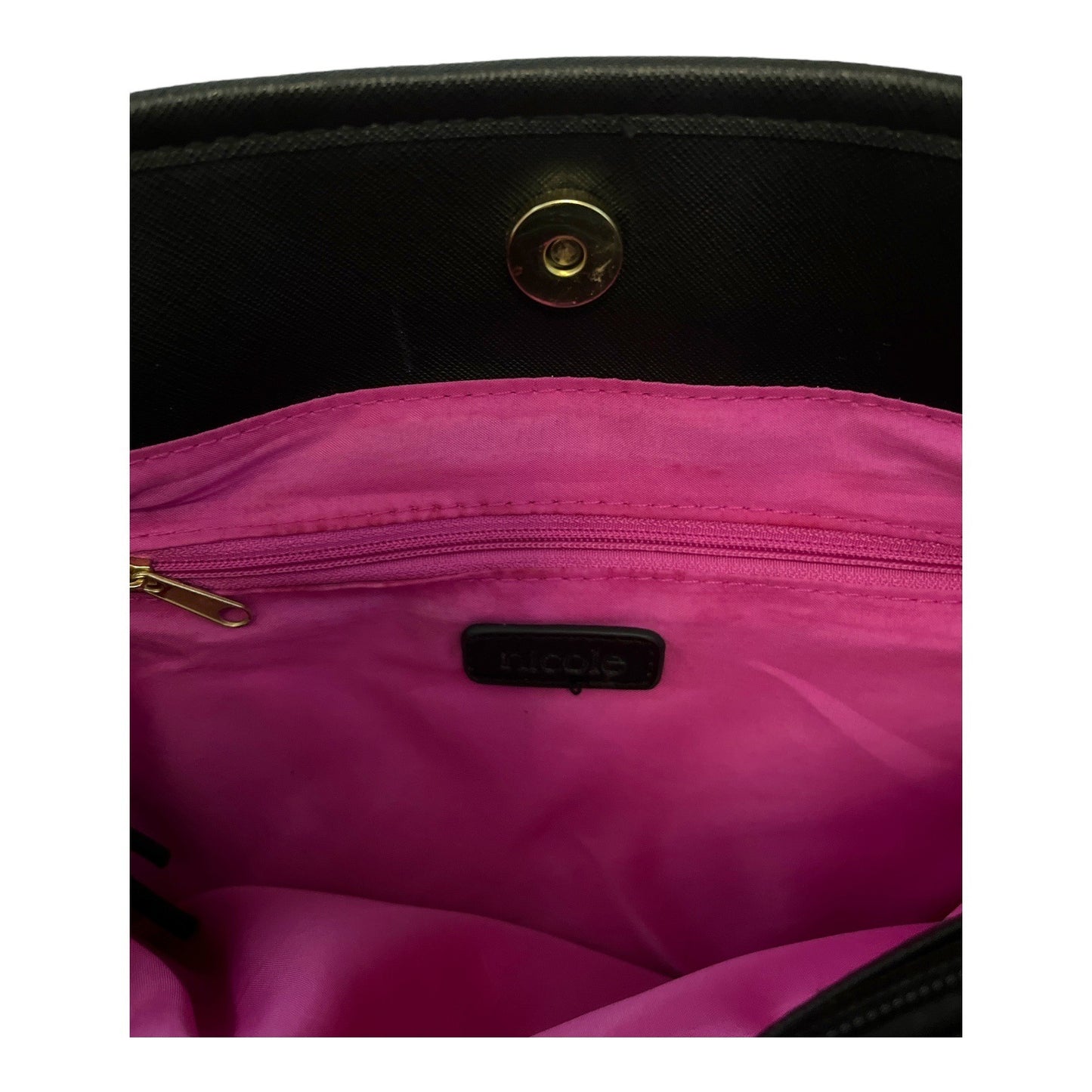 Nicole Miller Chevron Tote Bag | Black & White | Pink Lining | Gold Accents | 15x9x4" | 11" Drop | Mid-2010s