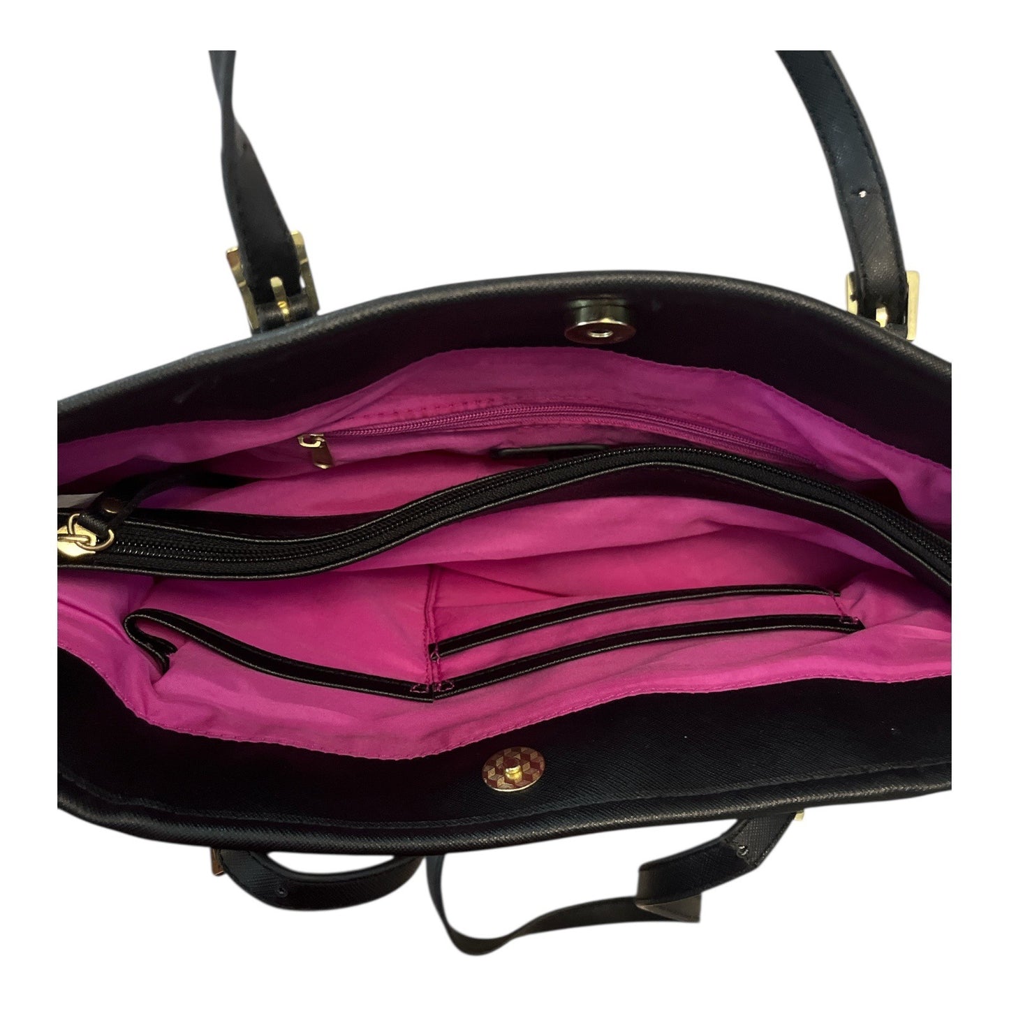 Nicole Miller Chevron Tote Bag | Black & White | Pink Lining | Gold Accents | 15x9x4" | 11" Drop | Mid-2010s
