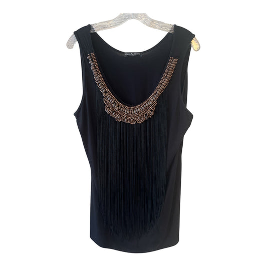 Kim & Cami Black Beaded Fringe Tank Top XL Boho Statement Sleeveless Made USA