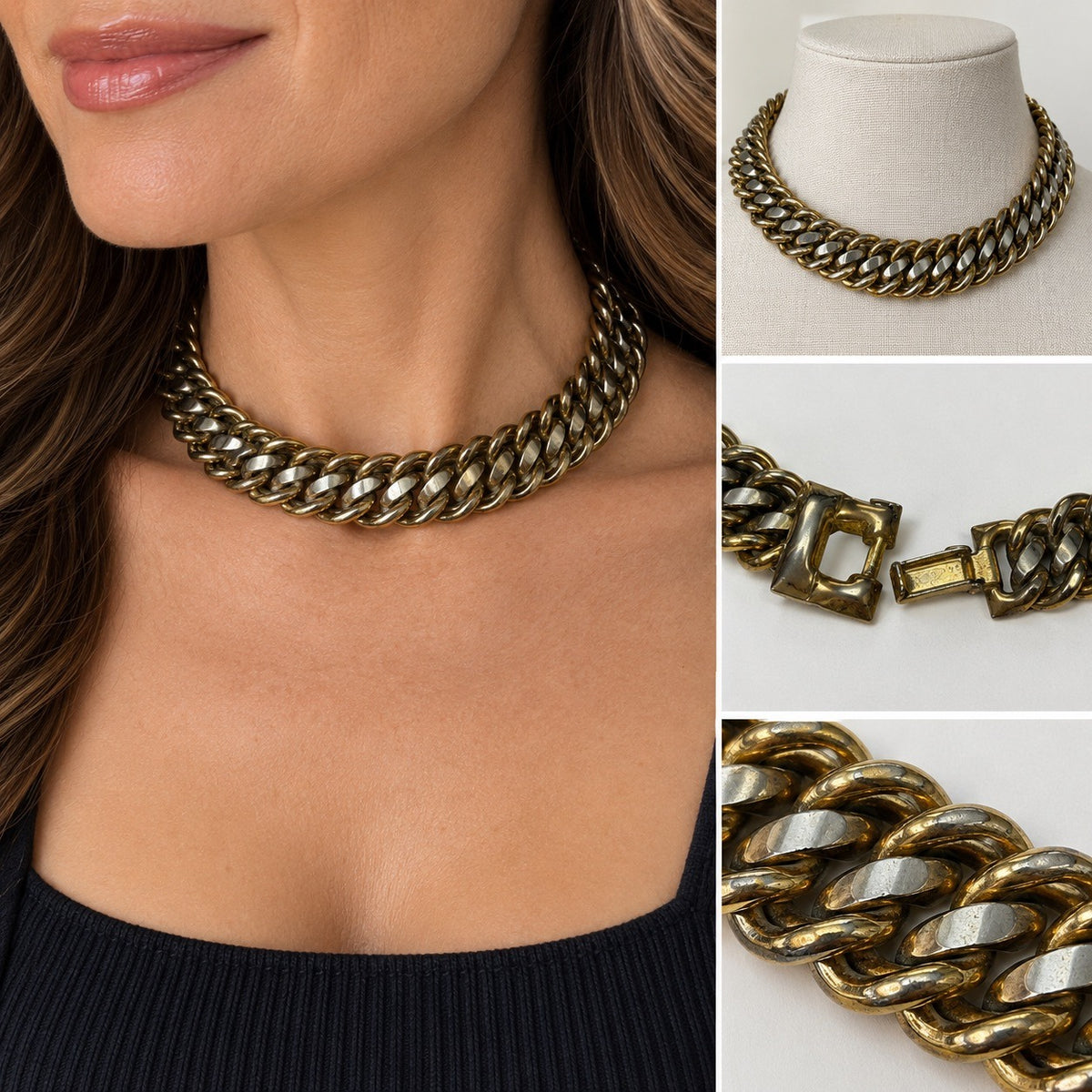 Vintage Gold Tone Double Curb Link Choker Necklace 15 Inch Wide Statement Chain