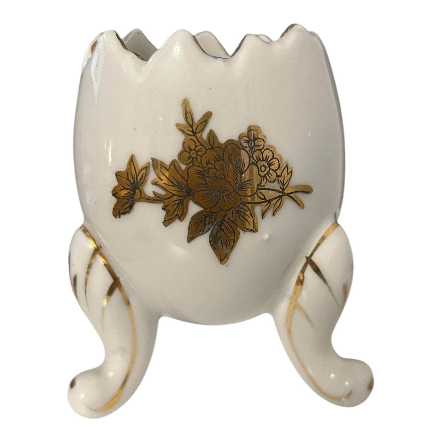 Vintage Napcoware Japan Porcelain Egg Shell Vase – Gold Floral Tripod Footed