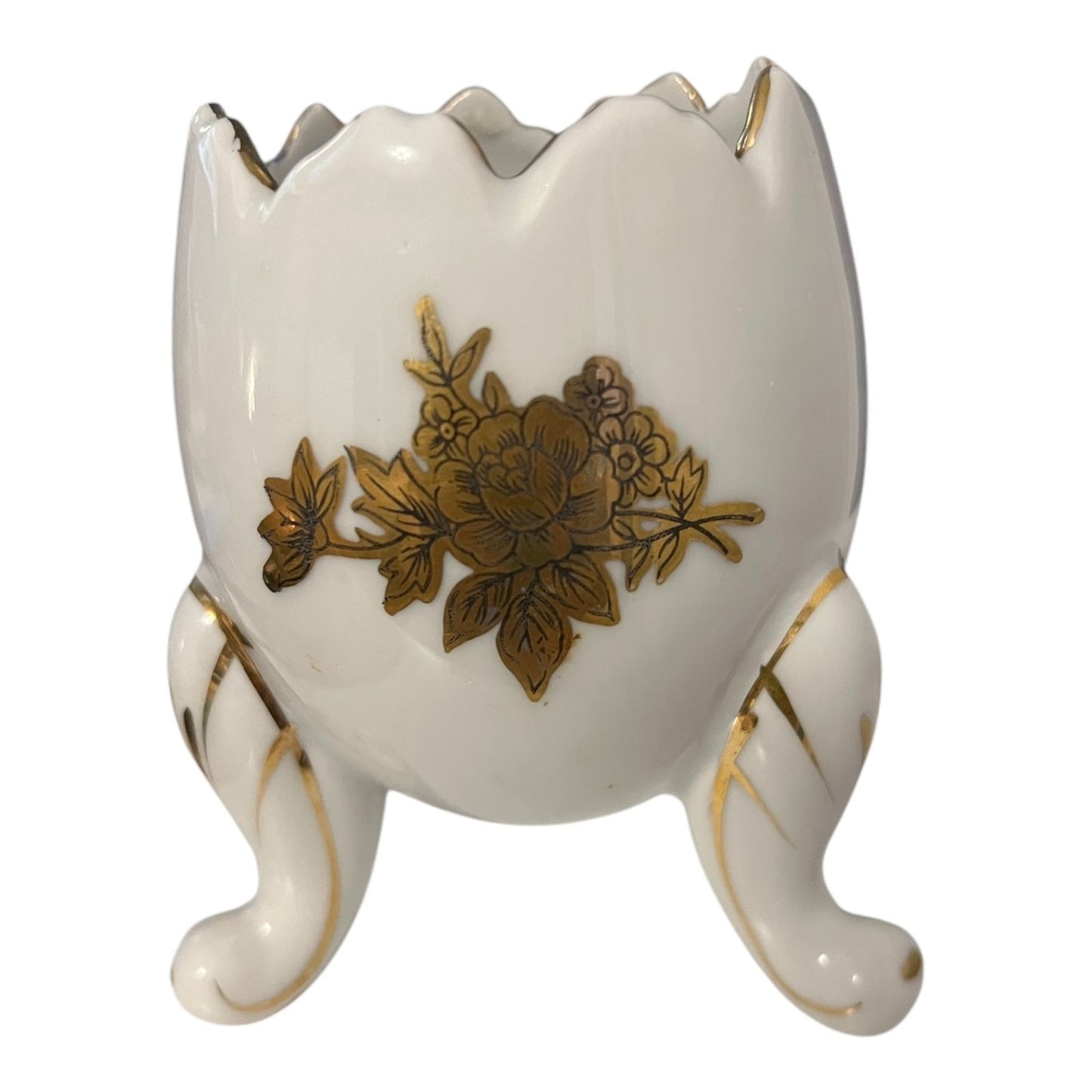 Vintage Napcoware Japan Porcelain Egg Shell Vase – Gold Floral Tripod Footed