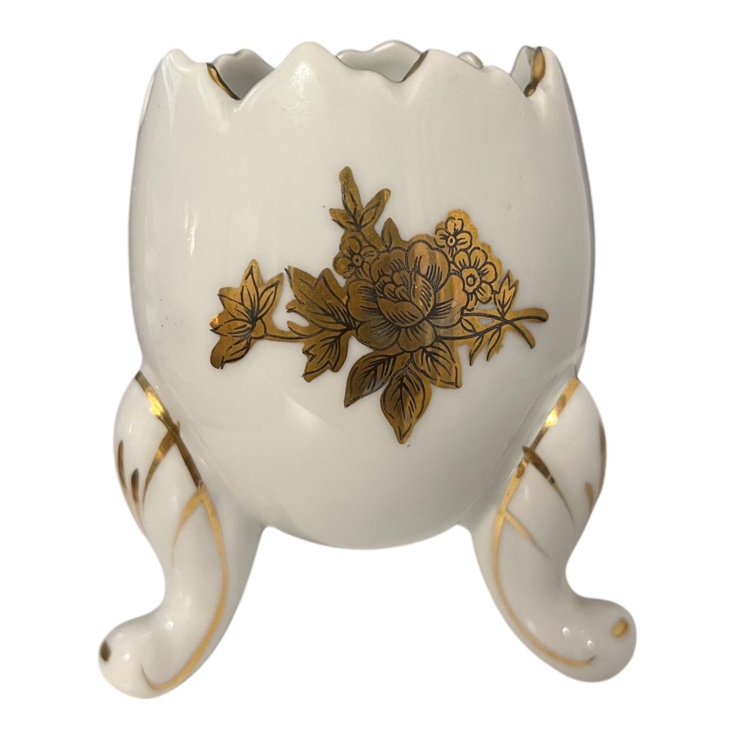 Vintage Napcoware Japan Porcelain Egg Shell Vase – Gold Floral Tripod Footed