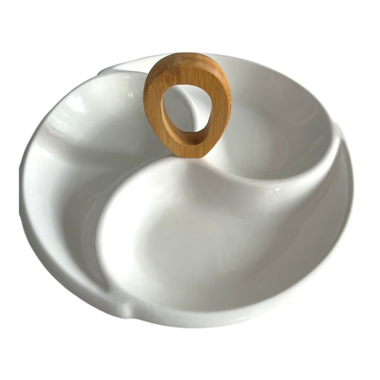 Brandani Divided Ceramic Serving Dish with Bamboo Handle 12 Inch