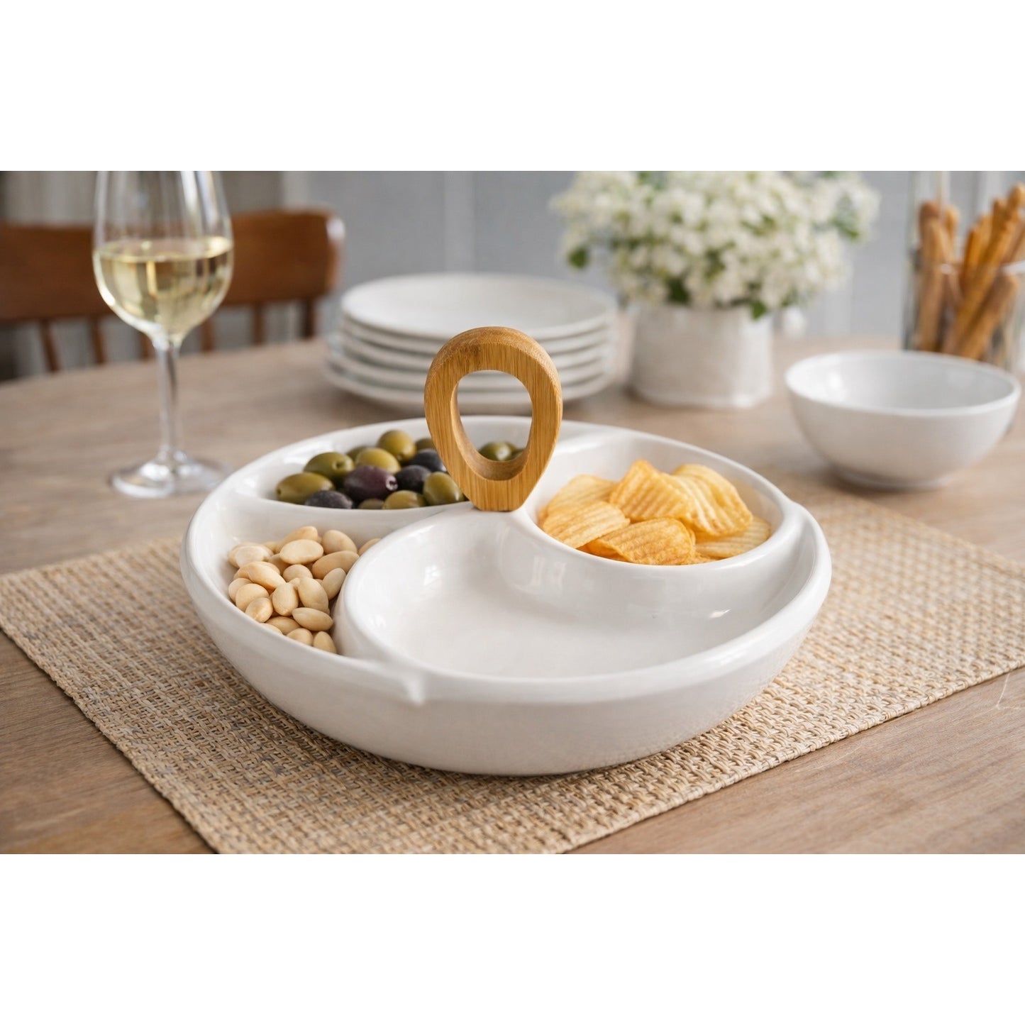 Brandani Divided Ceramic Serving Dish with Bamboo Handle 12 Inch