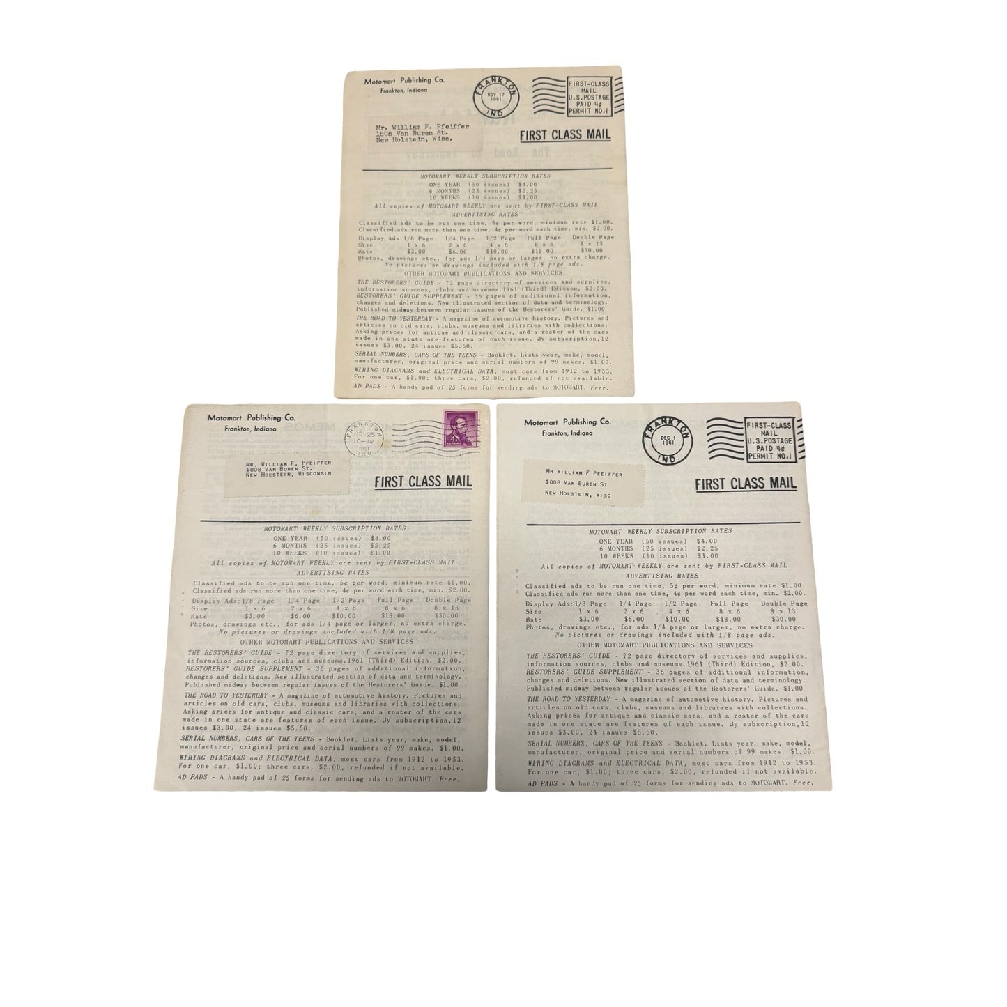 Motomart Weekly Issues #441-443 November 1961 Vintage Automotive Newsletter Set of 3