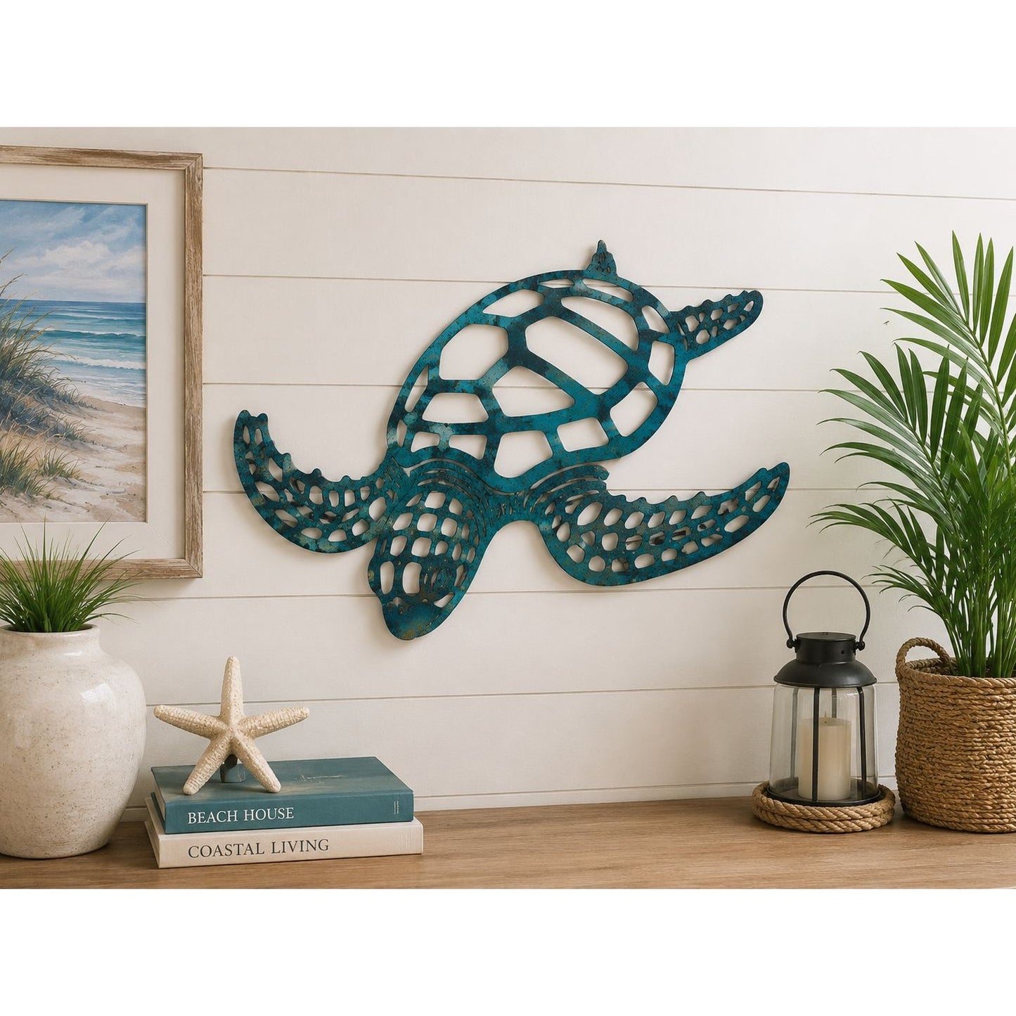Metal Sea Turtle Wall Art Coastal Beach Nautical Decor Turquoise Blue Cutout 17x10