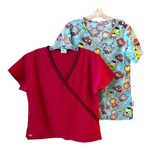 Marvel & Dickies Scrub Tops Set - S - Vibrant Fuschia & Cartoon Avengers Print