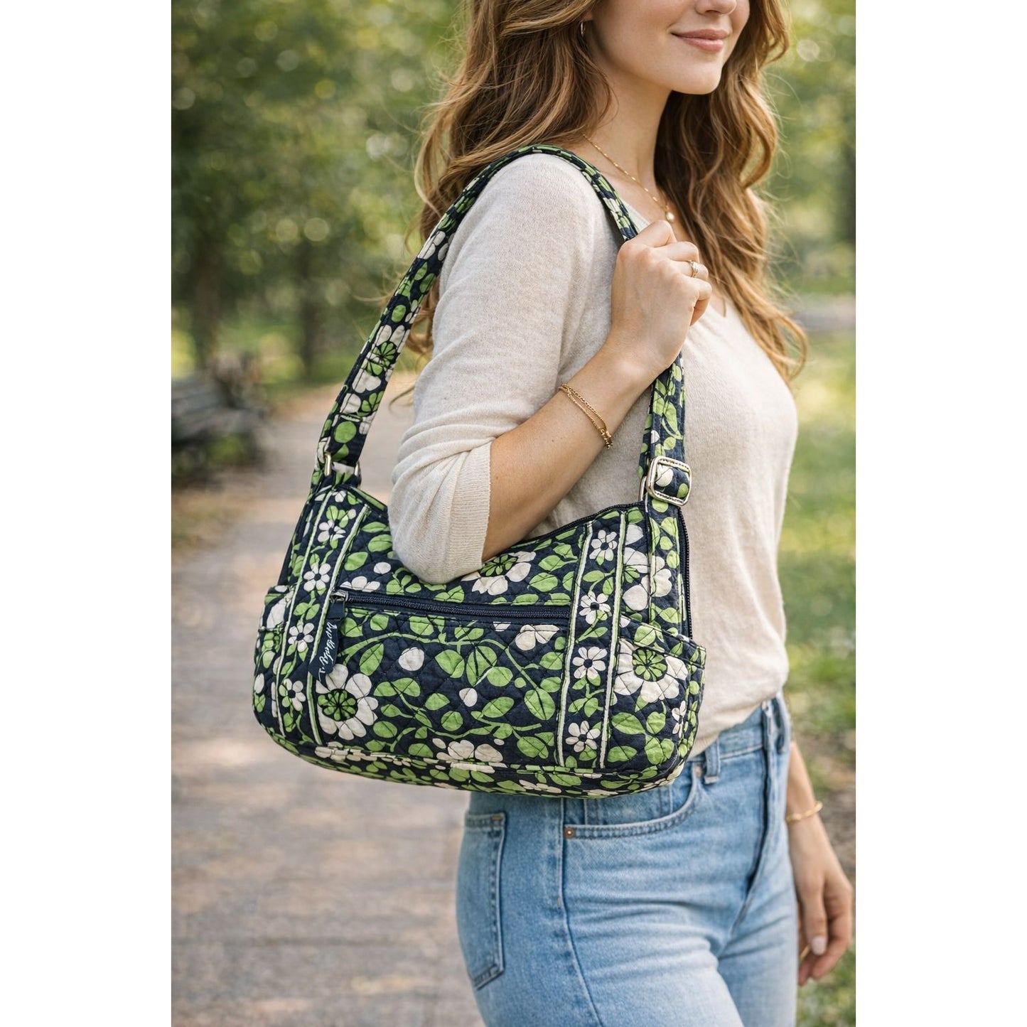 Vera Bradley Lime’s Up Quilted Shoulder Bag Green Navy Floral Cotton Handbag