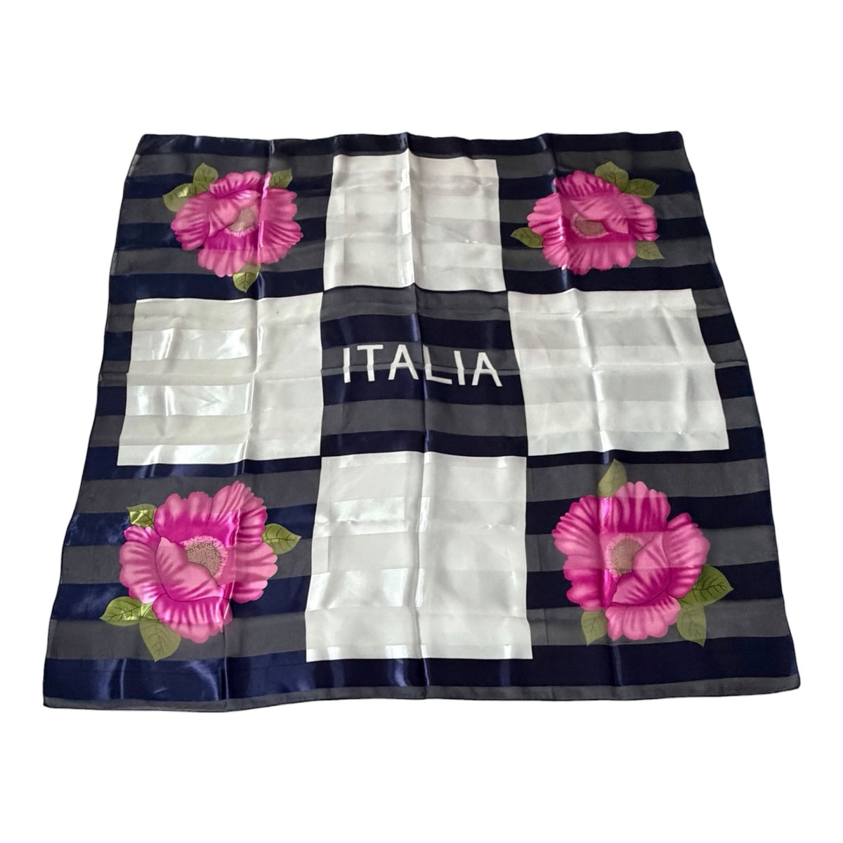 Vintage Italia Floral Satin Scarf 40 Inch Square Navy Pink Italian Souvenir