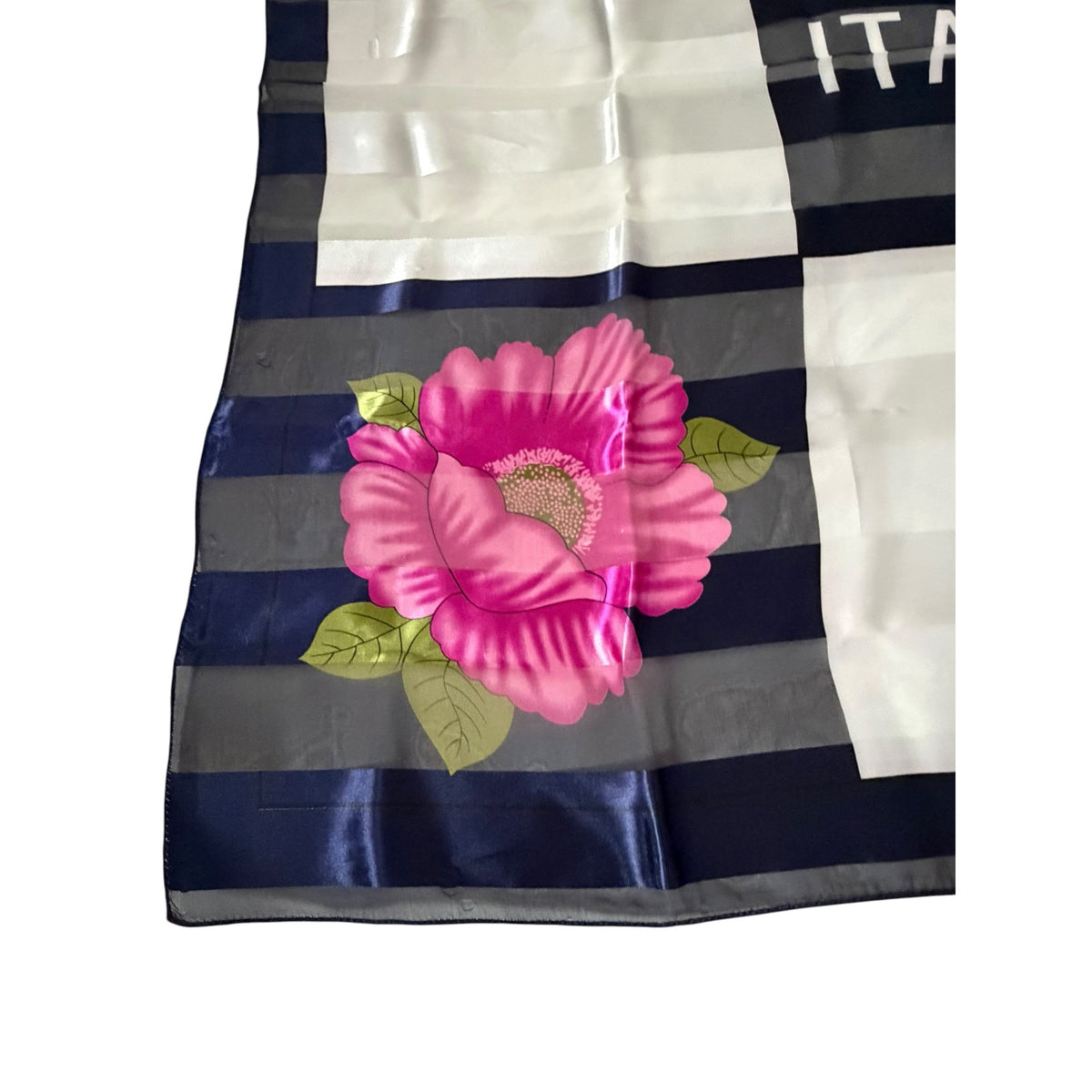 Vintage Italia Floral Satin Scarf 40 Inch Square Navy Pink Italian Souvenir