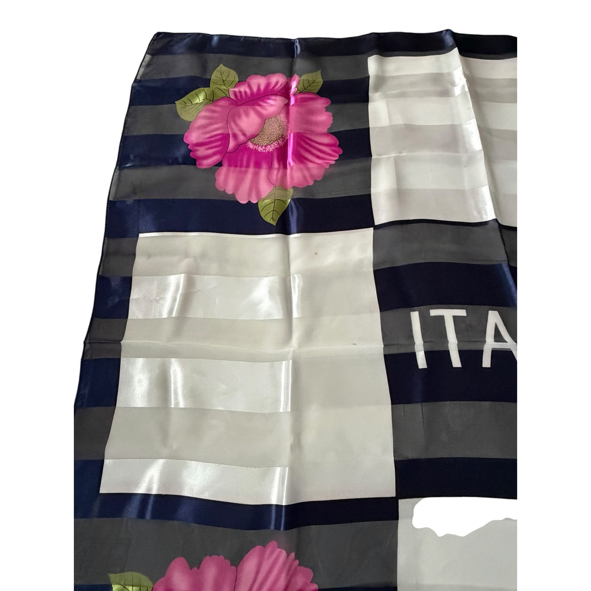 Vintage Italia Floral Satin Scarf 40 Inch Square Navy Pink Italian Souvenir