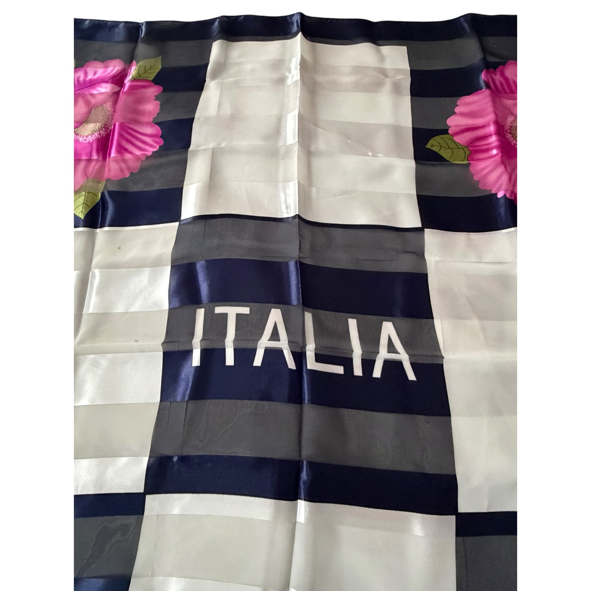 Vintage Italia Floral Satin Scarf 40 Inch Square Navy Pink Italian Souvenir