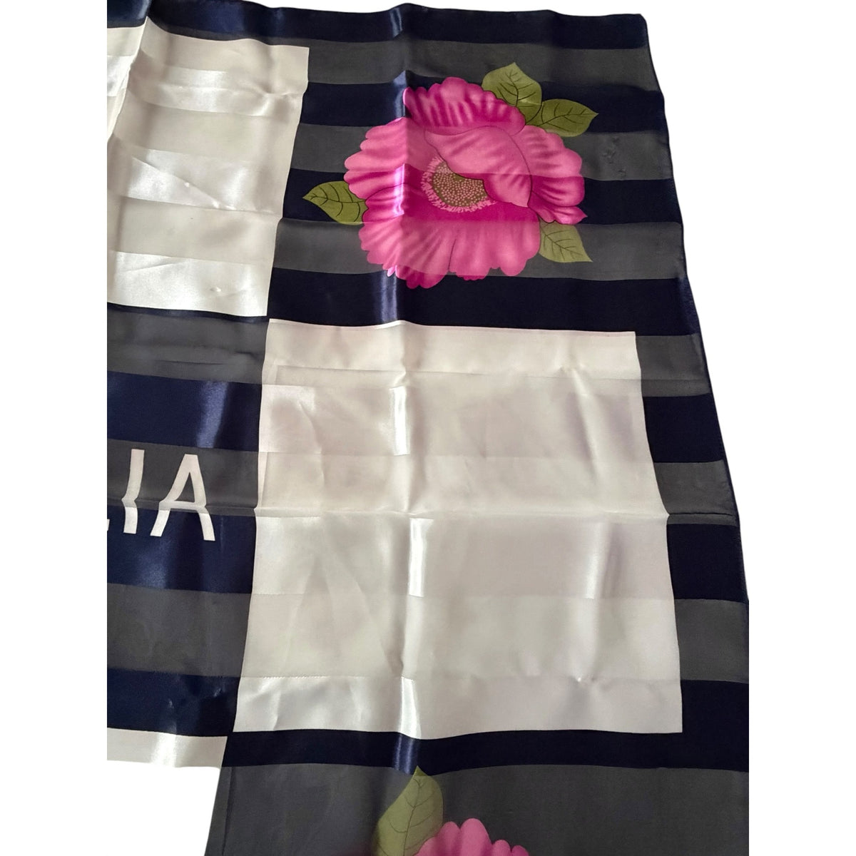 Vintage Italia Floral Satin Scarf 40 Inch Square Navy Pink Italian Souvenir