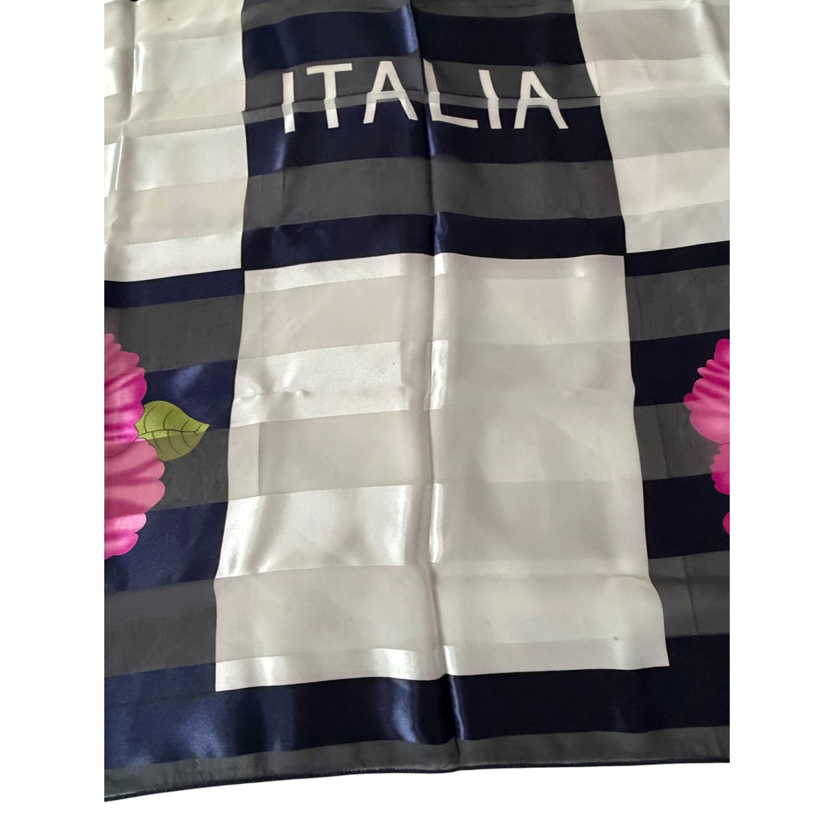 Vintage Italia Floral Satin Scarf 40 Inch Square Navy Pink Italian Souvenir