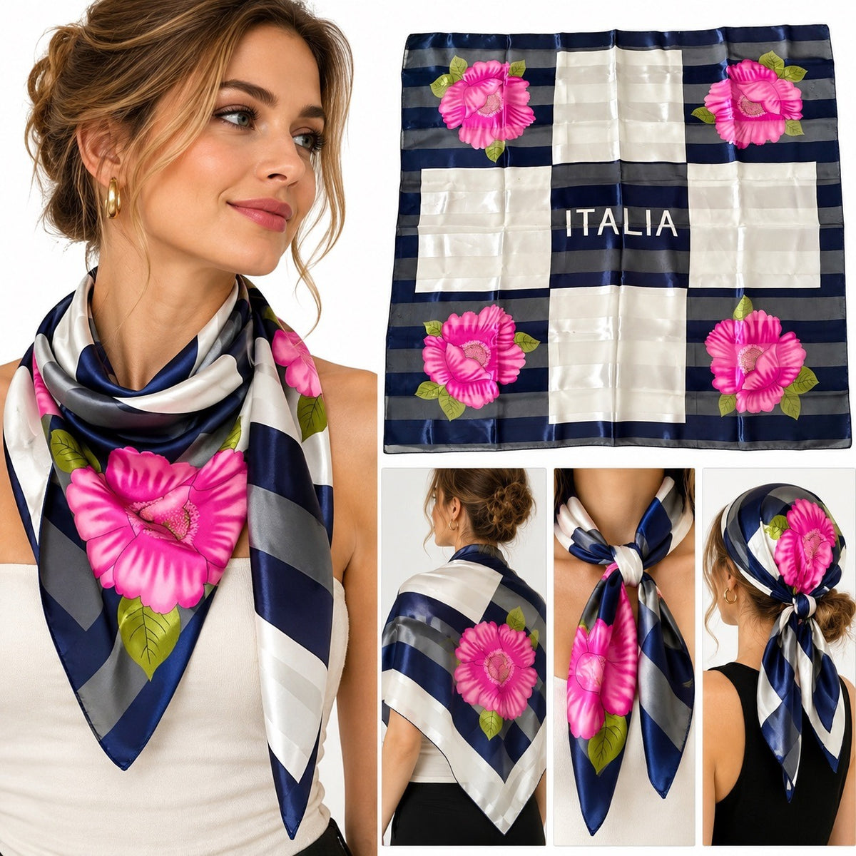 Vintage Italia Floral Satin Scarf 40 Inch Square Navy Pink Italian Souvenir