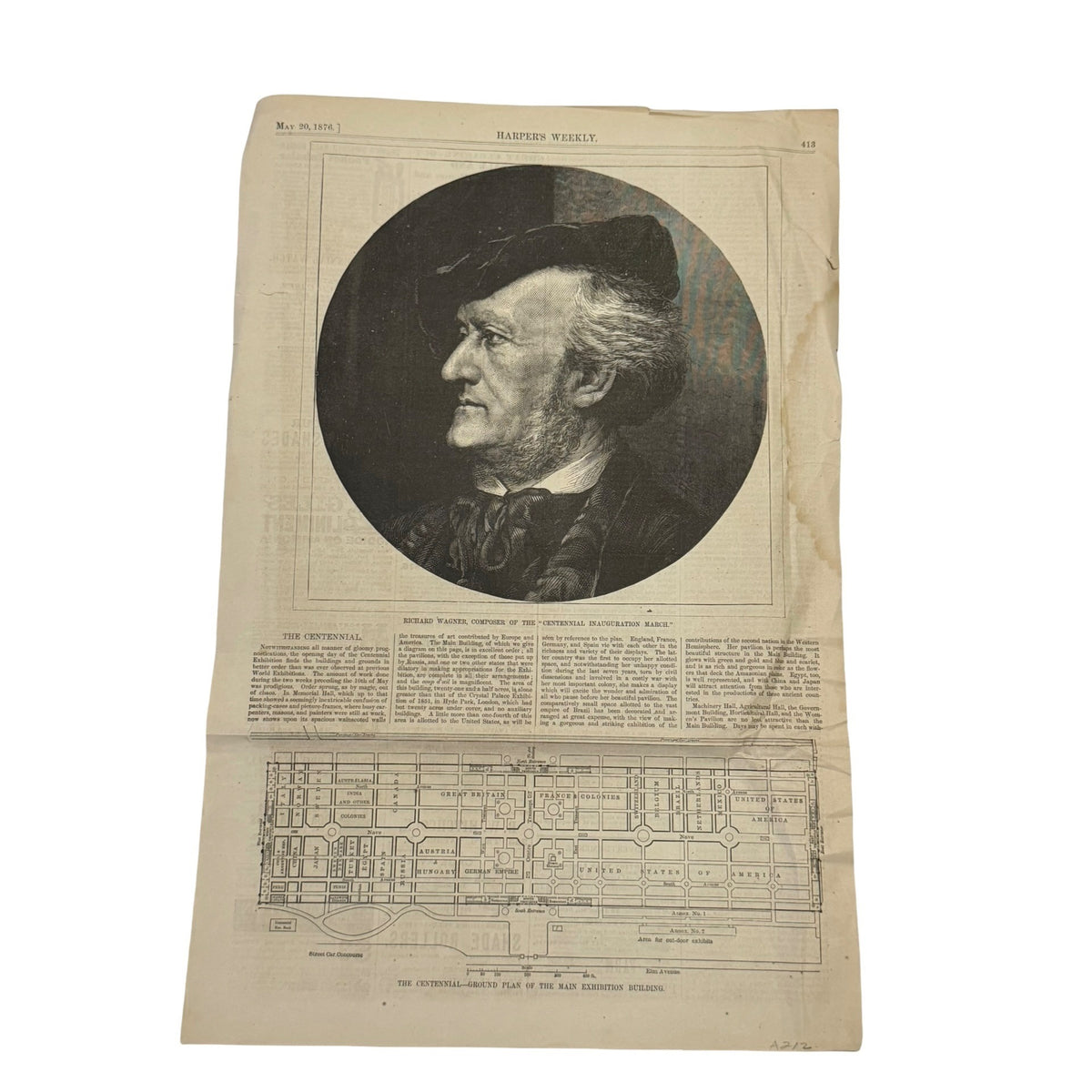 Antique 1876 Harper’s Weekly Richard Wagner Portrait Centennial Exposition Floor Plan